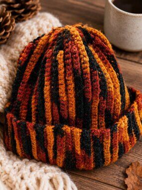 Striped Ribbed Knit Beanie Rust Orange Black Fold Cuff Winter 10" Hat